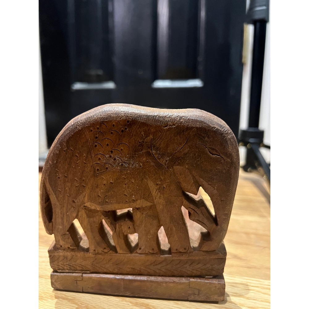 Vintage Hand Carved Wood Elephant Folding Book Stand Floral Inlay Bookends